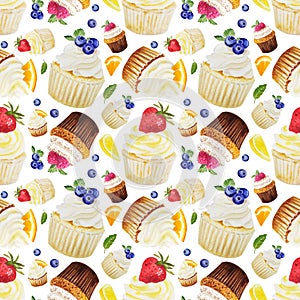 Watercolor seamless pattern of sweet cupcakes with fruits. Cliparts isolated for different cafe menu or food designs