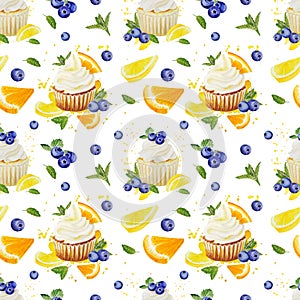 Watercolor seamless pattern of sweet cupcakes with fruits. Cliparts isolated for different cafe menu or food designs