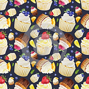 Watercolor seamless pattern of sweet cupcakes with fruits. Cliparts isolated for different cafe menu or food designs