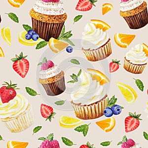 Watercolor seamless pattern of sweet cupcakes with fruits. Cliparts isolated for different cafe menu or food designs