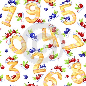 Watercolor seamless pattern with sweet mathematical symbols and berries. Decorative cake numbers from zero to nine