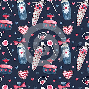 Watercolor seamless pattern with sweets, perfume, gem rings for Valentine`s day on dark.