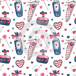 Watercolor seamless pattern with sweets and perfume for Valentine`s day on white