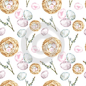 Watercolor seamless pattern with symbols of spring and Easter holiday, eggs, bird nest and tree branch on white background