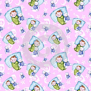 Watercolor seamless pattern on the theme of a children`s illustration and a good night with a small child, around the yellow stars