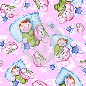 Watercolor seamless pattern on the theme of a children`s illustration and a good night with a small child, around the yellow stars
