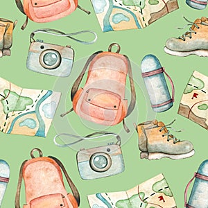 Watercolor seamless pattern with things for hiking. Backpack, boots, map and camera on a green background