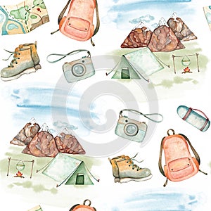 Watercolor seamless pattern with things for hiking. Backpack, boots, map and camera on a white background