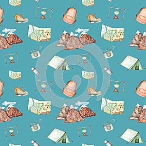 Watercolor seamless pattern with things for hiking. Mountains, tent and campfire