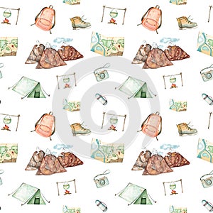 Watercolor seamless pattern with things for hiking. Mountains, tent and campfire