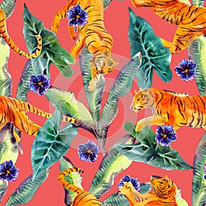 Watercolor seamless pattern with tigers, tropical leaves and flowers.