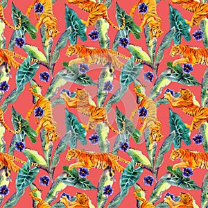 Watercolor seamless pattern with tigers, tropical leaves and flowers.