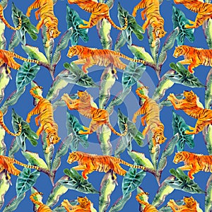 Watercolor seamless pattern with tigers and tropical plants isolated on blue background.