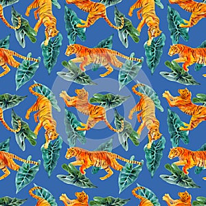 Watercolor seamless pattern with tigers and tropical plants isolated on blue background.