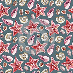 Watercolor seamless pattern of topical shell, starfish and pebble