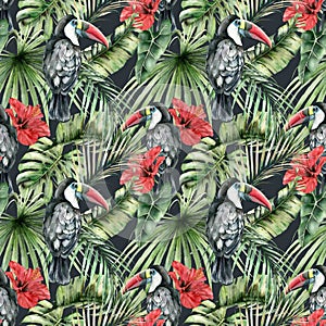Watercolor seamless pattern with toucans and tropical hibiscus. Hand painted birds, flowers and jungle palm leaves