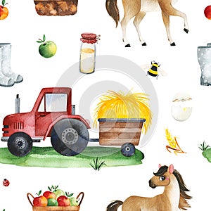 Watercolor seamless pattern with tractor,fruit,horse,boots,wheat,egg