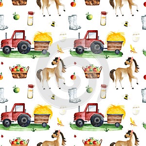 Watercolor seamless pattern with tractor,fruit,horse,boots,wheat,egg