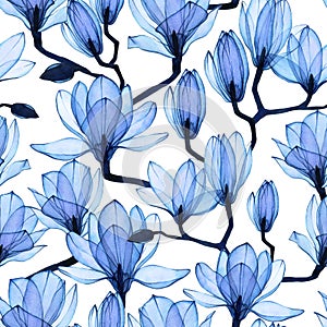 Watercolor seamless pattern with transparent blue magnolias. transparent flowers of blue color on a white background, x-ray. vinta