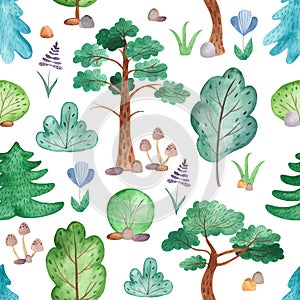 Watercolor seamless pattern with trees, pines, firs, flowers.