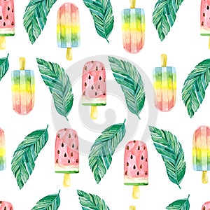Watercolor seamless pattern tropical banana leves palm and ice cream. Summer party dessert, floral, tropical leaf photo