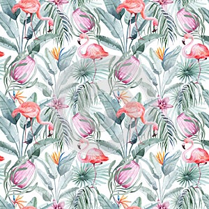 Watercolor seamless pattern with tropical flowers flamingo birds and plants.