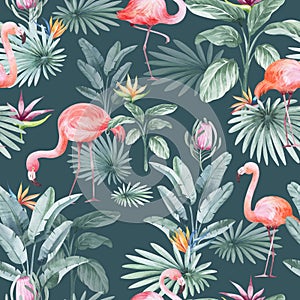 Watercolor seamless pattern with tropical flowers flamingo birds and plants.