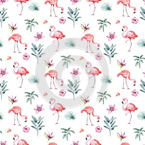 Watercolor seamless pattern with tropical flowers flamingo birds and plants.