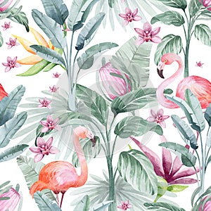 Watercolor seamless pattern with tropical flowers flamingo birds and plants.