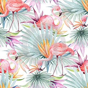 Watercolor seamless pattern with tropical flowers flamingo birds and plants.