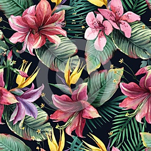 Watercolor seamless pattern of tropical flowers and leaves on dark background
