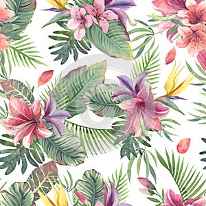 Watercolor seamless pattern of tropical flowers and leaves on white background