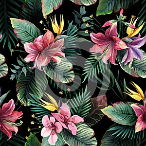 Watercolor seamless pattern of tropical flowers and leaves on white background