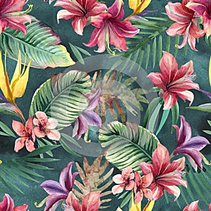 Watercolor seamless pattern of tropical flowers, palm and leaves on dark background