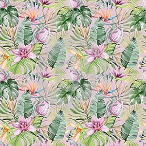 Watercolor seamless pattern with tropical flowers and plants.