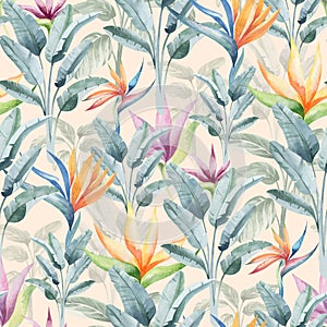Watercolor seamless pattern with tropical flowers and plants.