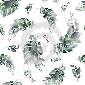 Watercolor seamless pattern with tropical flowers and plants.