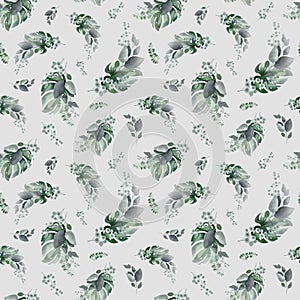Watercolor seamless pattern with tropical flowers and plants.