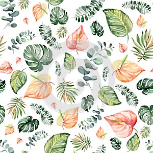 Watercolor seamless pattern with tropical flowers and plants.