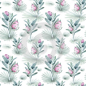 Watercolor seamless pattern with tropical flowers and plants.