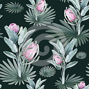 Watercolor seamless pattern with tropical flowers and plants.