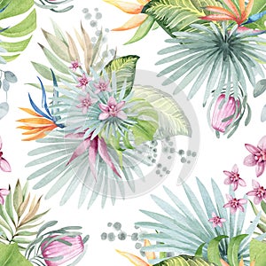 Watercolor seamless pattern with tropical flowers and plants.