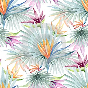 Watercolor seamless pattern with tropical flowers and plants.