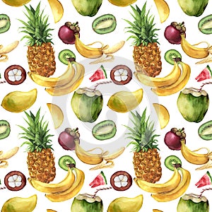 Watercolor seamless pattern with tropical fruit. Hand painted pineapple, bananas, mangosteen, mango, kiwi on white