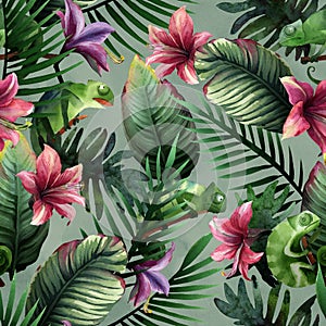 Watercolor seamless pattern of tropical green leaves, flowers, palm and chameleon