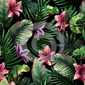 Watercolor seamless pattern of tropical green leaves, flowers, palm and chameleon
