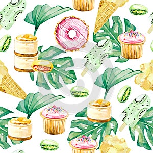 Watercolor seamless pattern tropical leves, cupcake dessert and sweet ice cream. Summer party dessert, floral, tropical leaf photo