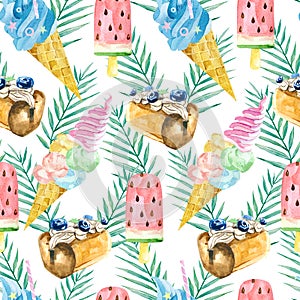 Watercolor seamless pattern tropical leves, sweet dessert and ice cream. Summer party dessert, floral, tropical leaf photo
