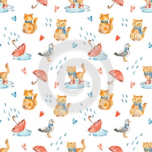 Watercolor seamless pattern with umbrellas, cats, seagull, rain, puddles, autumn texture, print on a white background