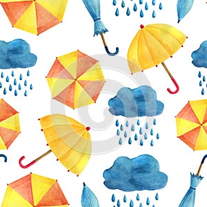 Watercolor seamless pattern with umbrellas, clouds and rain. Cute hand painted illustration on white background